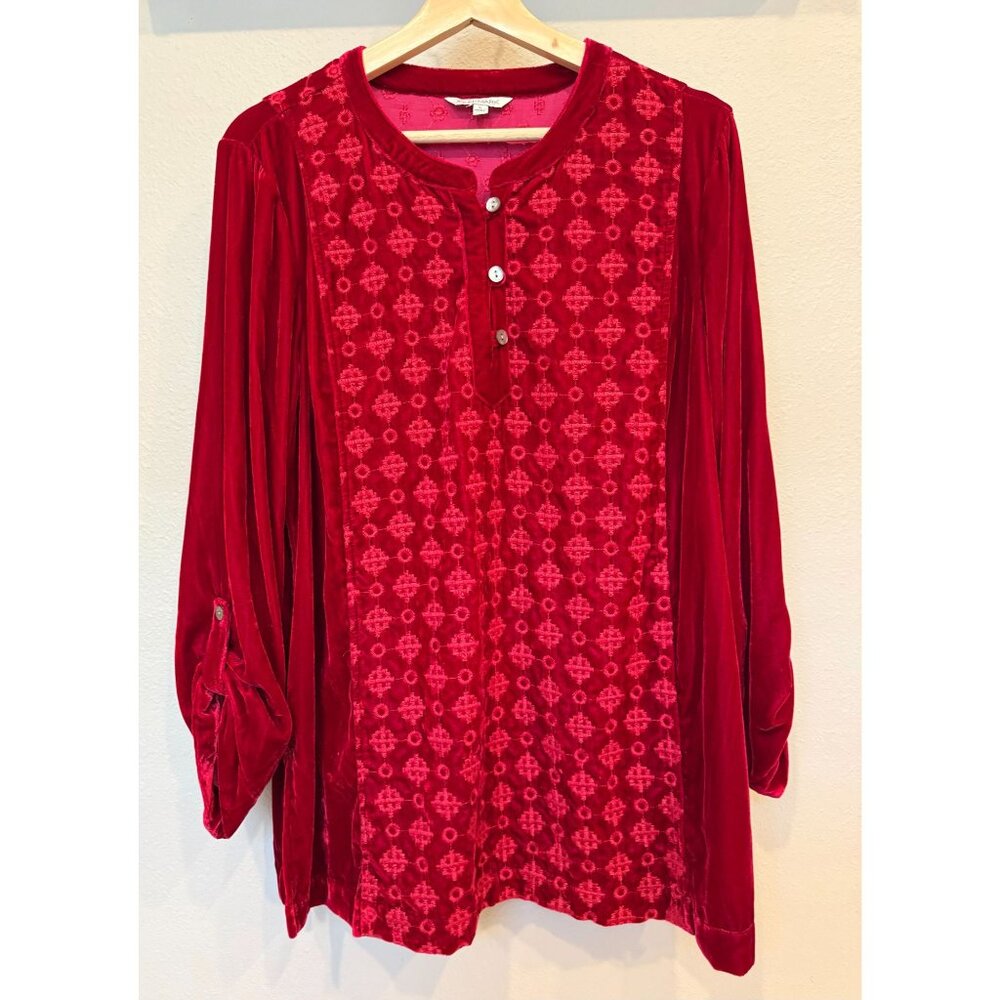 John Mark Womens Red Velvet Embroidered Tunic Blouse Large Long Sleeve Lagenlook